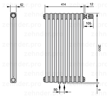 Схема (чертеж) Радиатор Zehnder Charleston 2280/9 №V008 Белый глянцевый RAL 9016